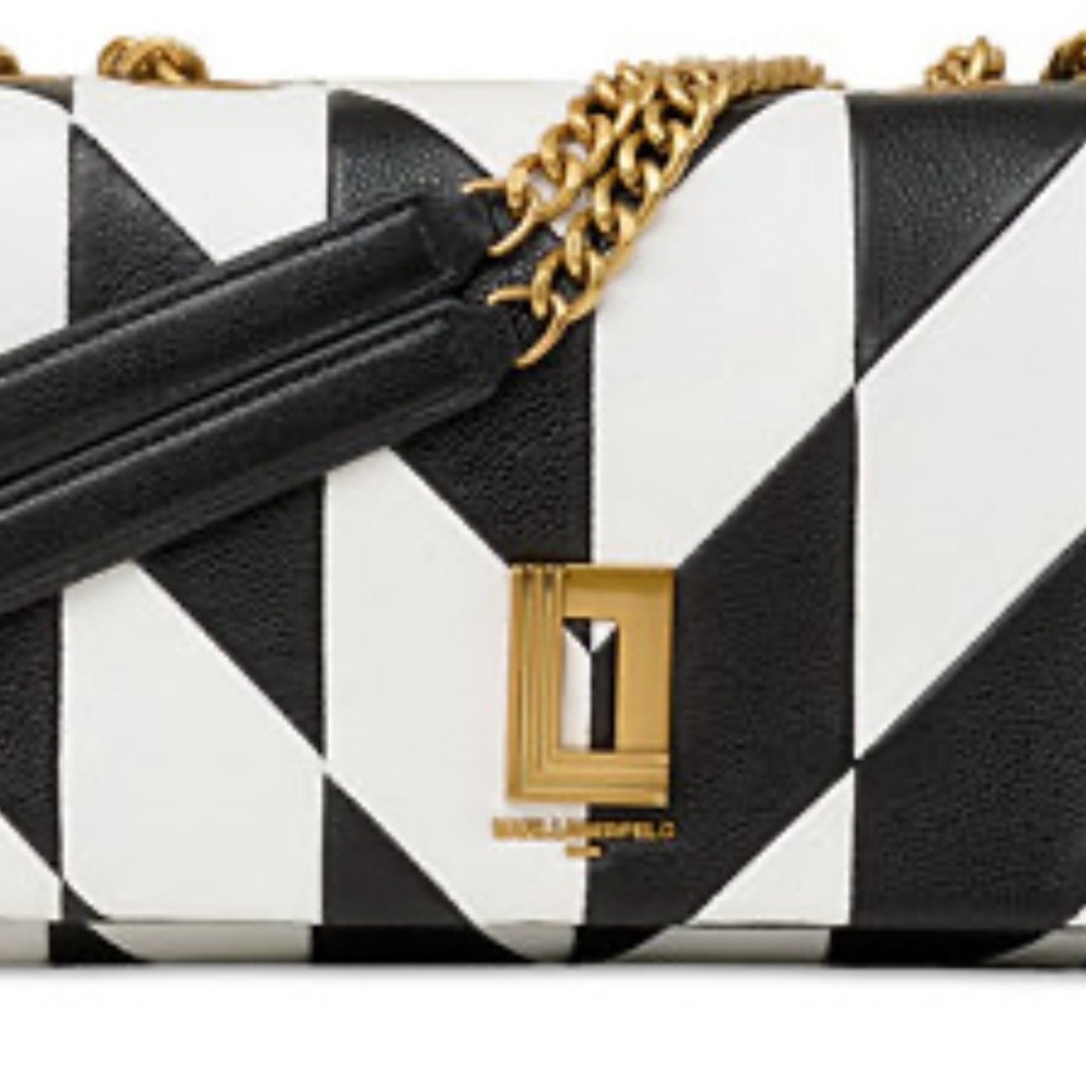 NWTS Karl Lagerfeld Black White Geometric Chain Shoulder Bag with Gold Hardware